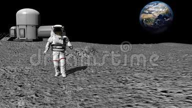 宇航员在<strong>月球</strong>上靠近<strong>月球</strong>站，挥舞着他的手。 CG动画。 提供了这段视频的内容
